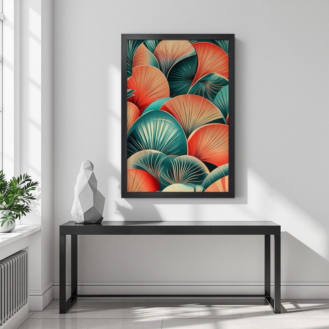 Framed Poster featuring abstract fan design in teal, orange, and peach tones. Modern art style for home decor.