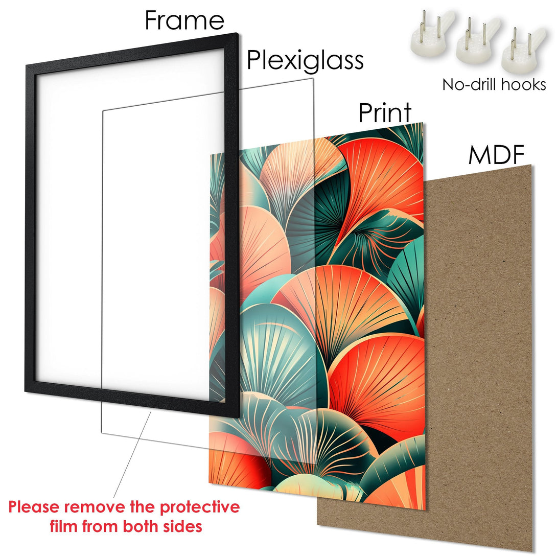 Framed Poster featuring abstract fan design in teal, orange, and beige. Modern art print for your home decor.