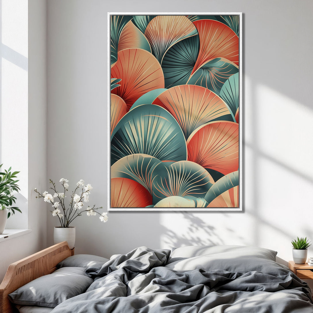 Framed Wall Art featuring an abstract fan design in teal, orange, and beige. Modern art perfect for bedroom decor.