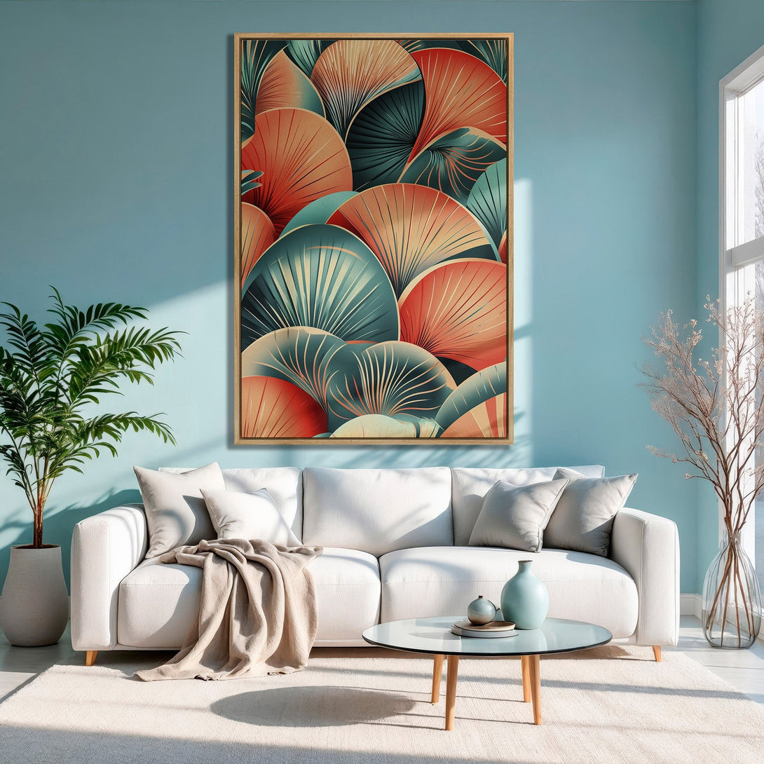 Framed Wall Art: Abstract fan design in teal, coral, and beige. Modern canvas print perfect for living room decor, adding a pop of color and style.