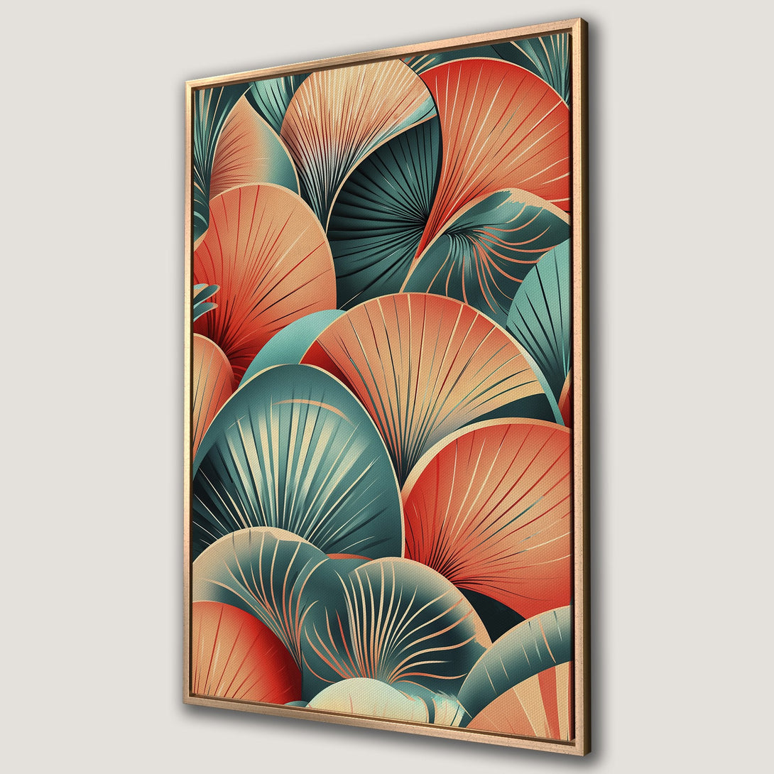 Framed Wall Art featuring an abstract fan design in teal, orange, and gold. Perfect for adding a touch of modern elegance to your home decor.