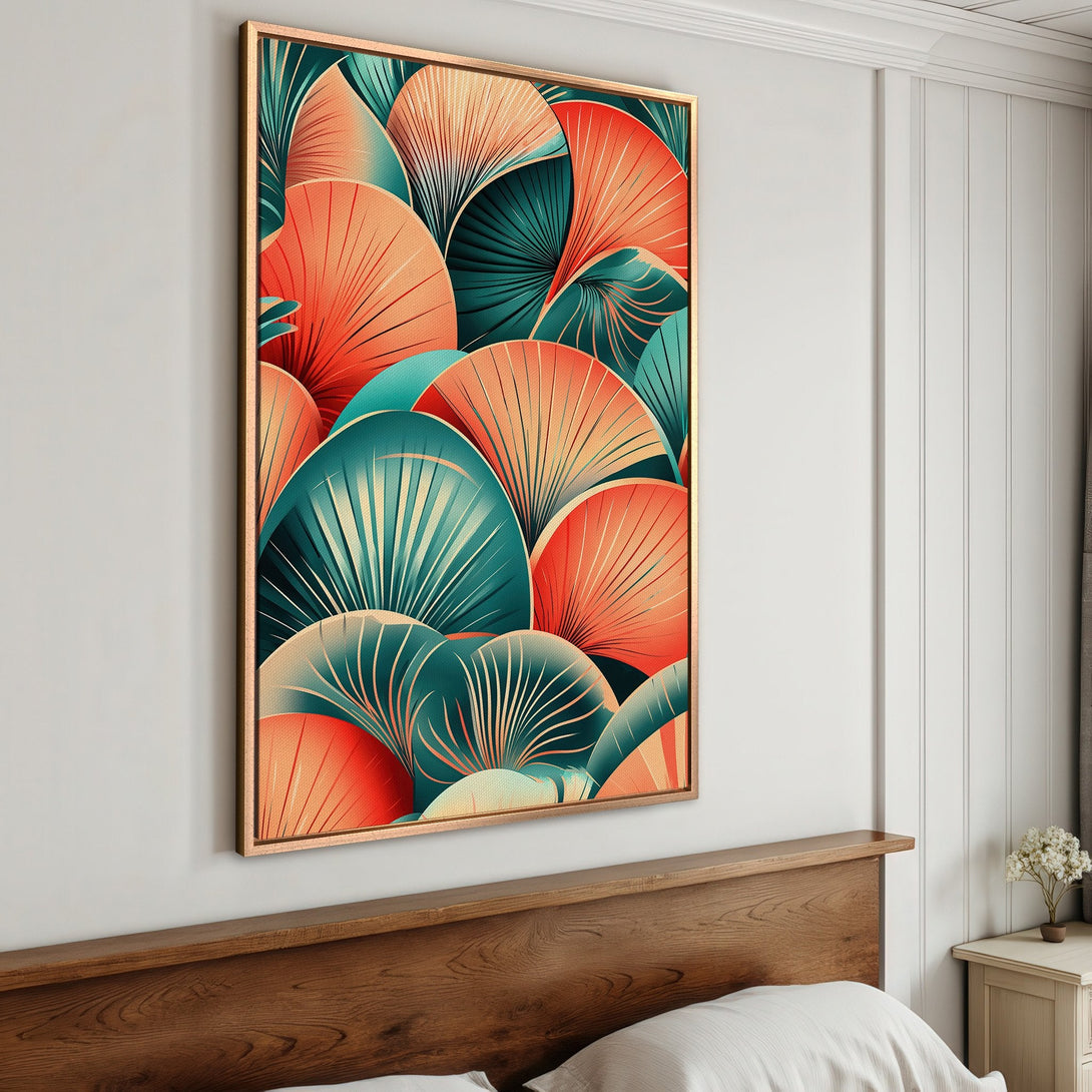 Framed Wall Art featuring abstract fan design in teal and coral. Modern art print adds a pop of color to any interior.