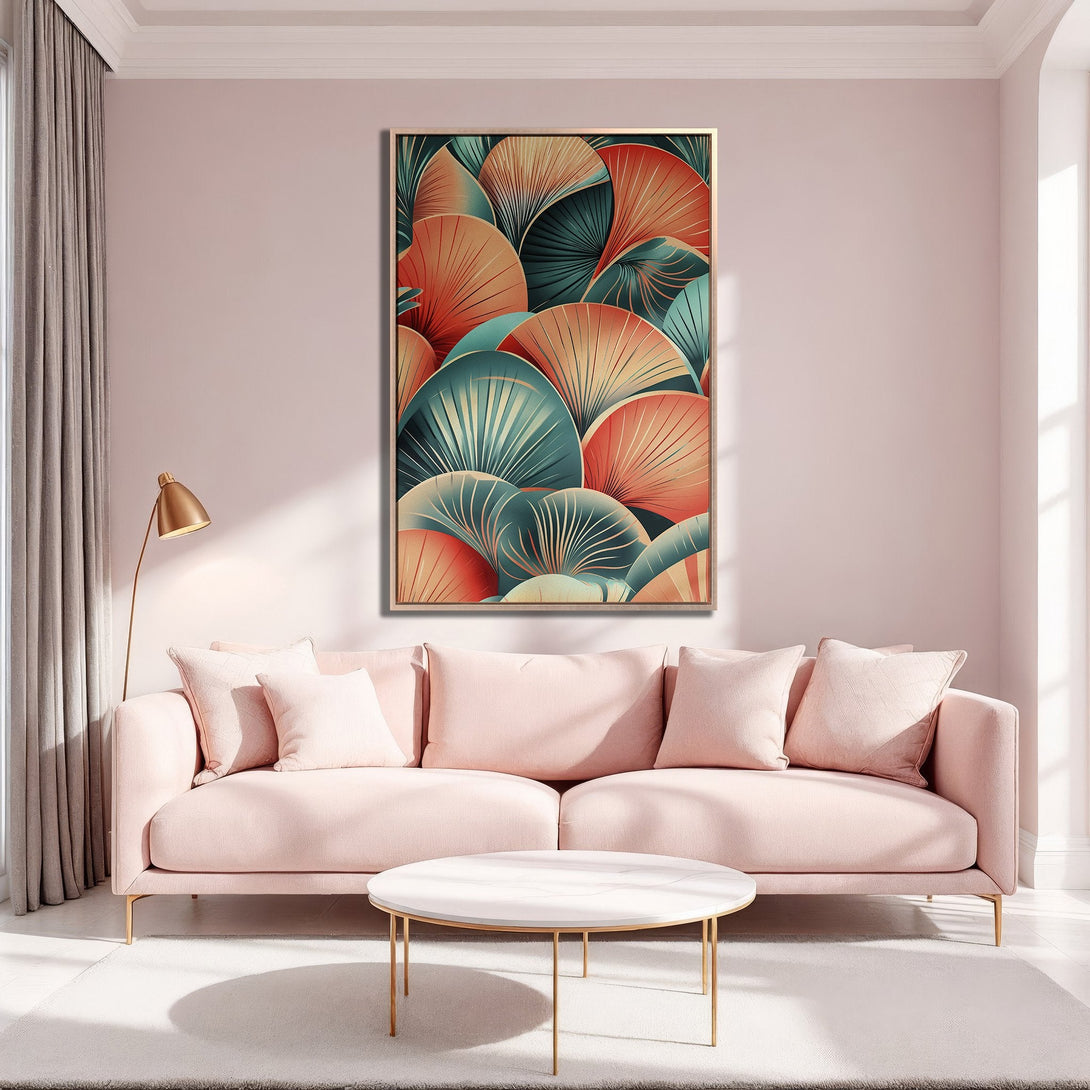 Framed Wall Art: Abstract fan design in teal, orange, and gold. Modern art print for a stylish living room. Soft color palette.