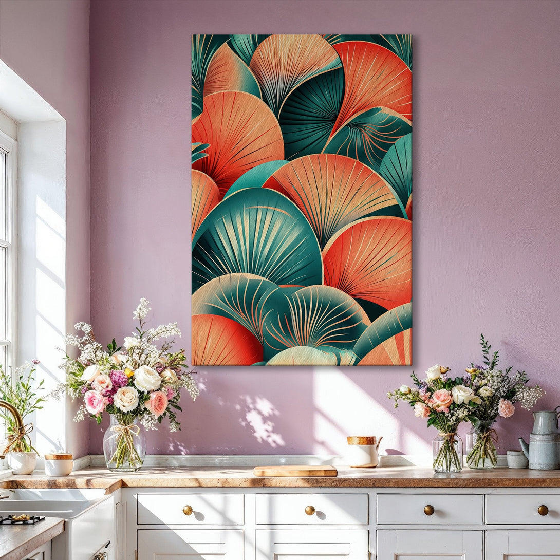 Framed Wall Art: Abstract fan design in teal, coral, and gold. Modern art canvas print adds a pop of color to any living room.