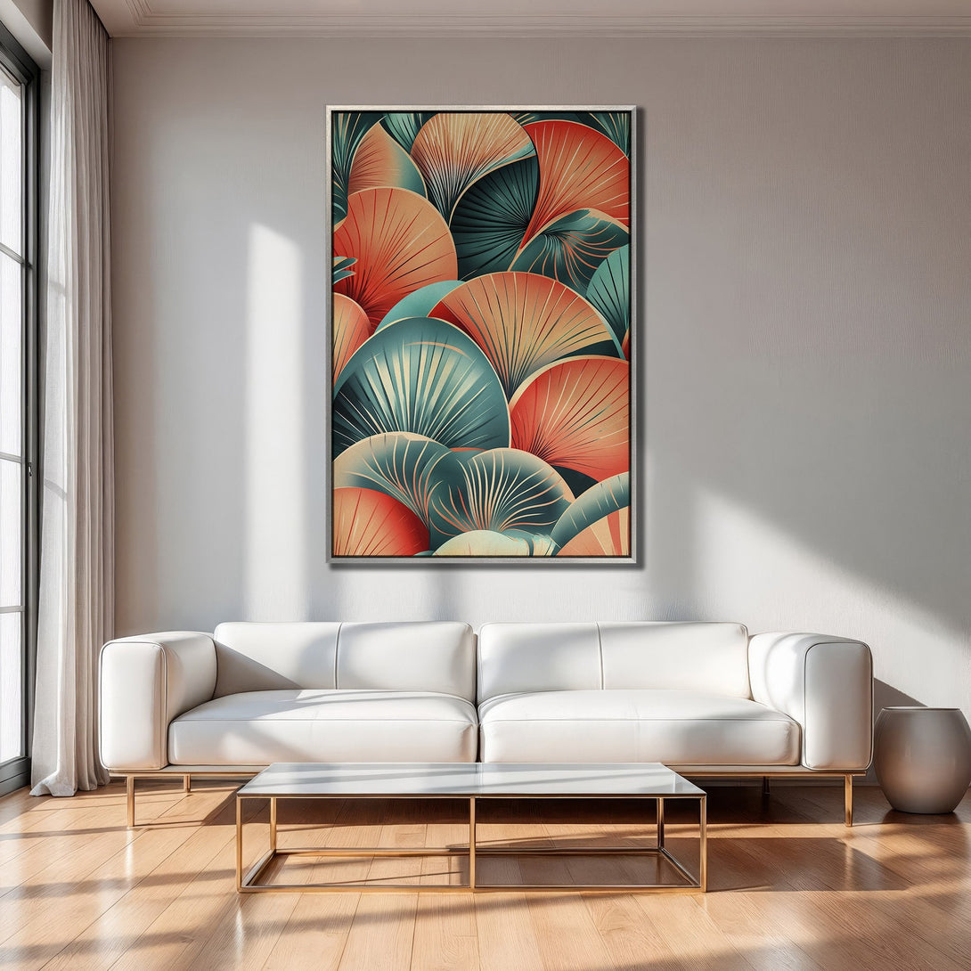 Framed Wall Art featuring an abstract fan design in teal, orange, and beige. Modern art print perfect for living room decor.