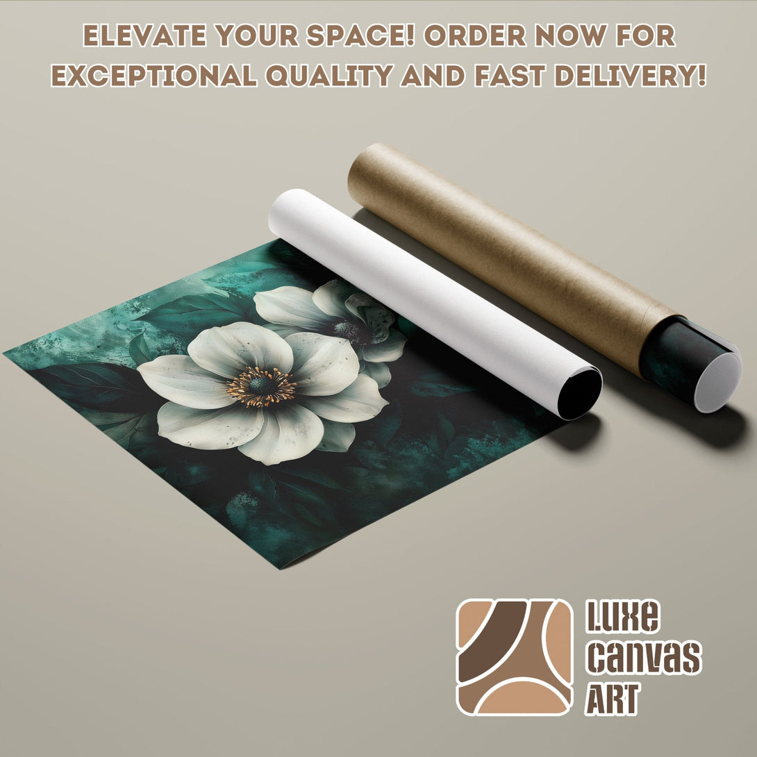 Floral Poster Roll with teal and white color palette, perfect for home decor.