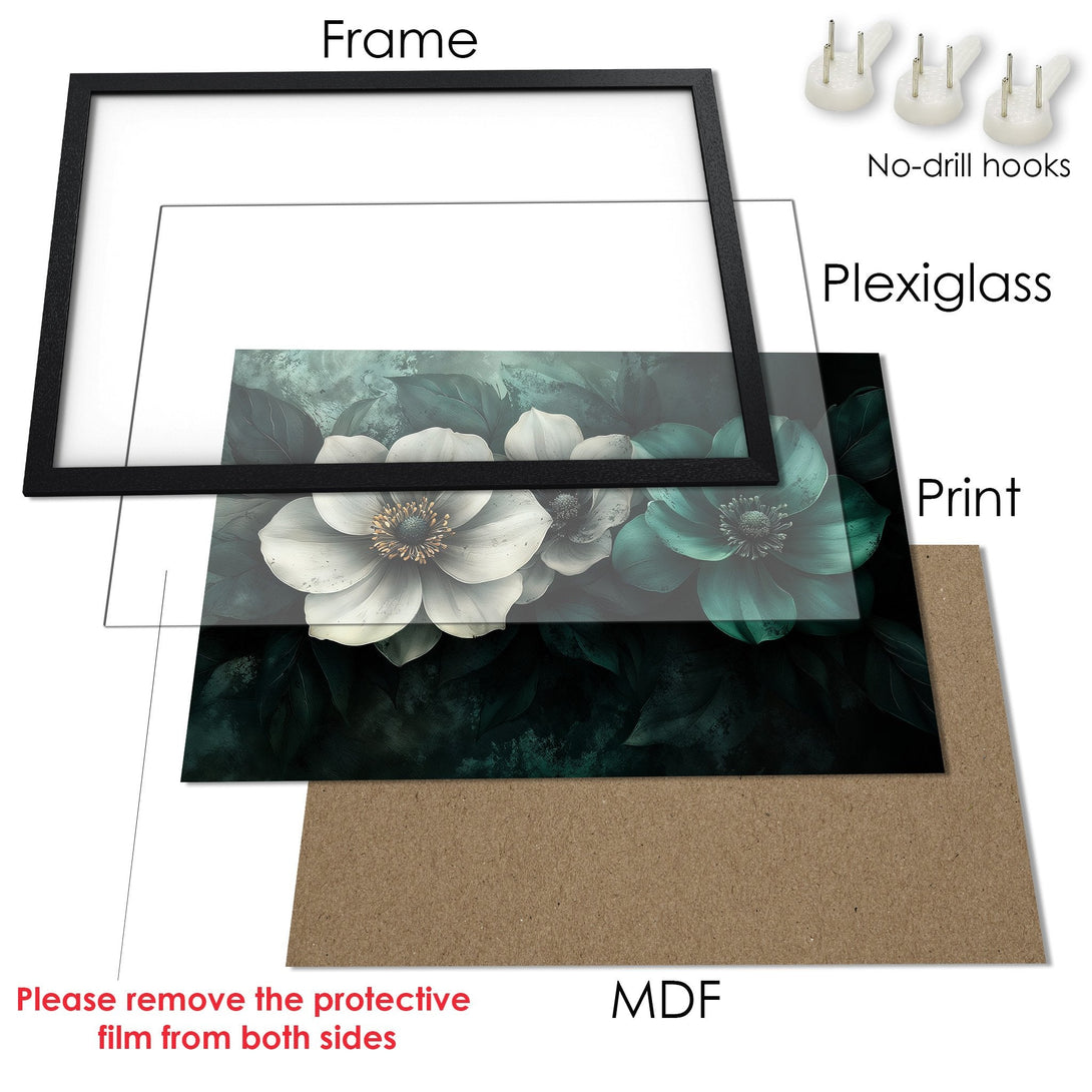 Framed Poster featuring a floral design in a moody, teal and white color palette. Modern art print for your home decor.