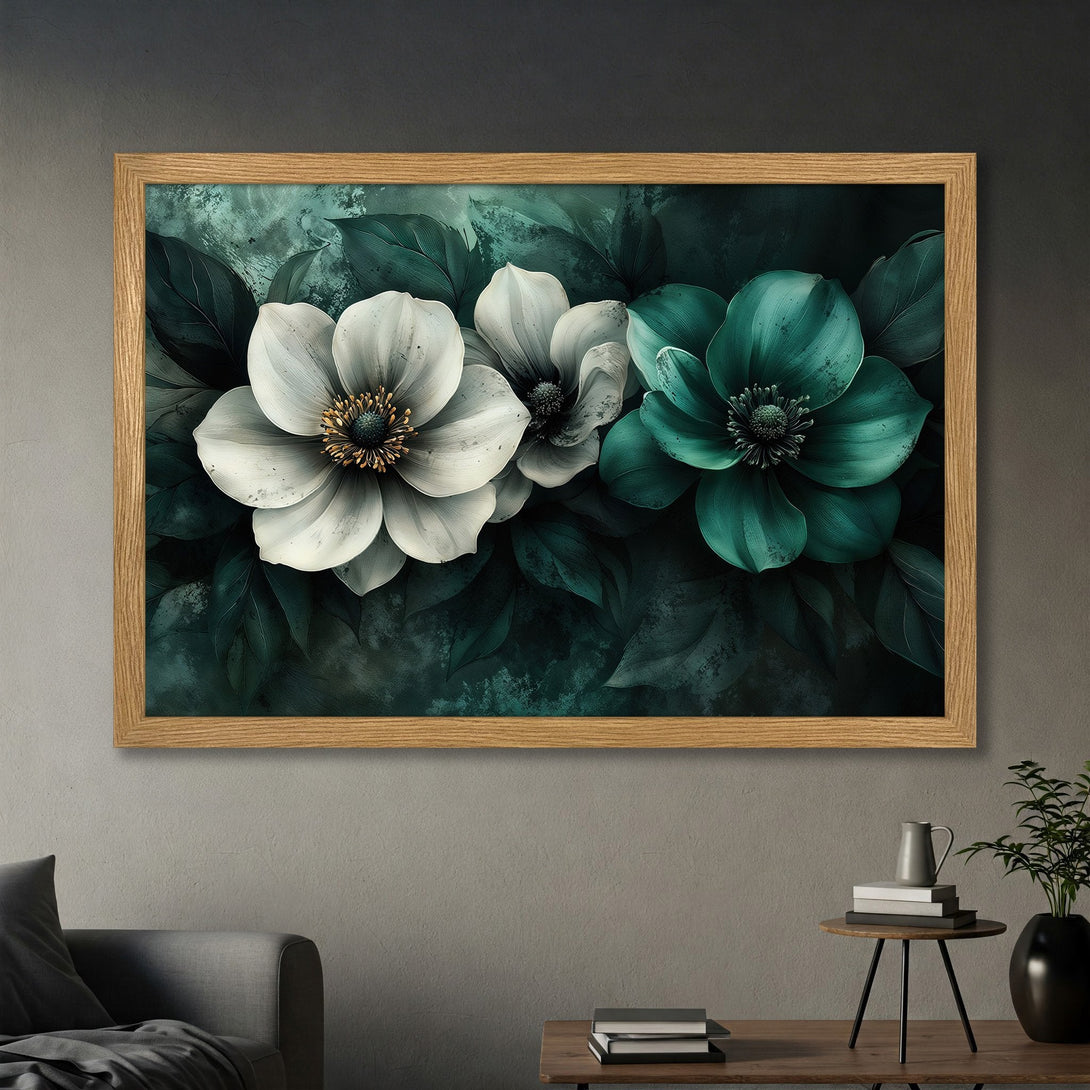 Framed Poster featuring elegant floral art in a moody, botanical style. The color palette is dominated by teal, white, and dark green. Perfect wall decor!
