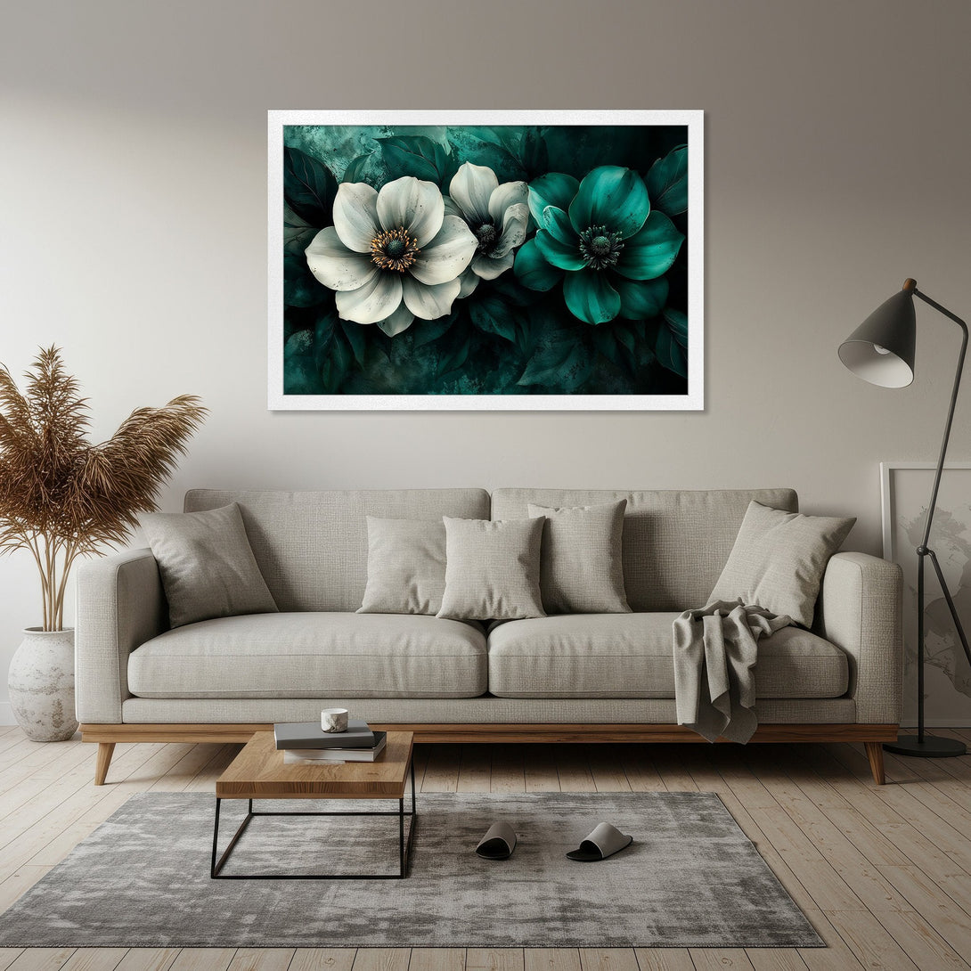Framed Poster featuring elegant floral art in teal and white hues. Modern botanical print for stylish home decor.