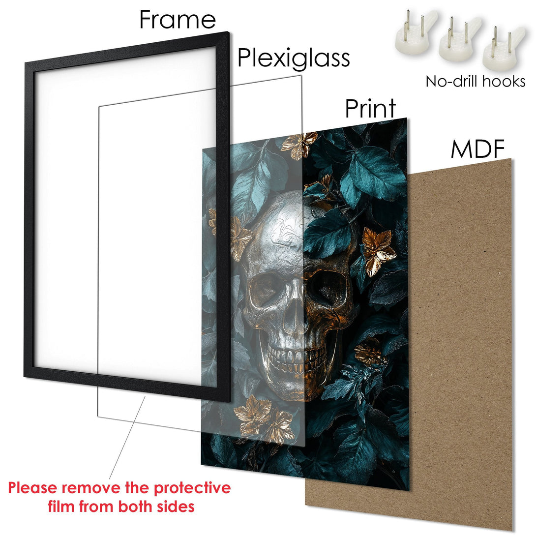 Framed Poster featuring a skull in a dark, gothic style with teal and gold accents. Perfect wall art!