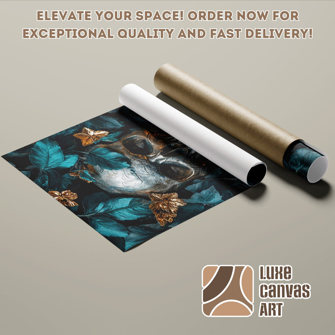 Poster Roll featuring a skull and floral design in teal, gold, and black. Elevate your space with Luxe Canvas Art!