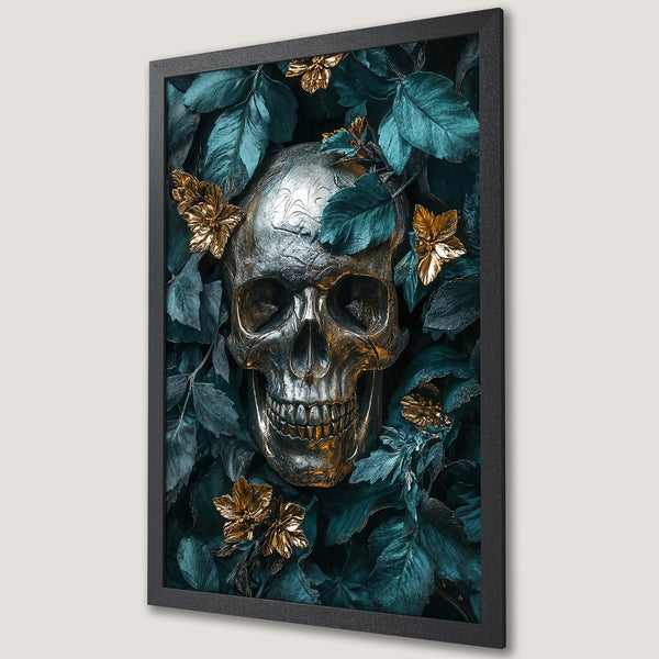 Framed Poster featuring a golden skull surrounded by teal leaves and gold flowers. Gothic art style, dark teal and gold color palette.
