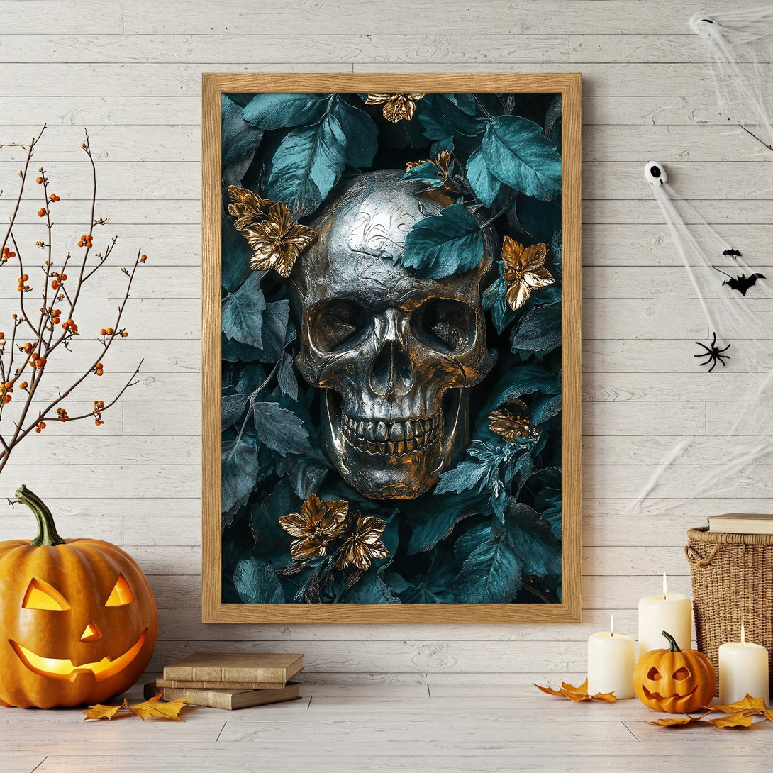 Framed Poster featuring a metallic skull and teal leaves. Gothic style art with gold accents. Perfect Halloween decor.