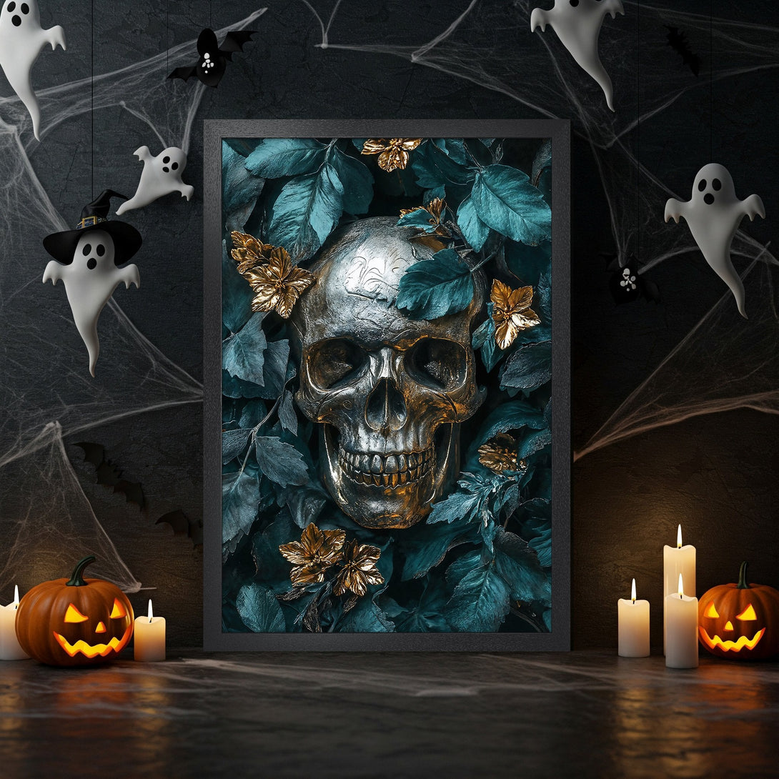 Framed Poster featuring a metallic skull surrounded by teal leaves and gold flowers. Dark, gothic style with teal, gold, and black color palette. Spooky Halloween decor.