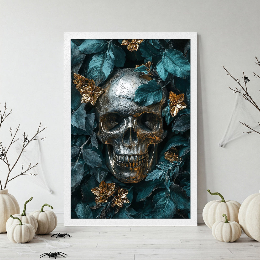 Framed Poster featuring a metallic skull and floral design in teal and gold. Perfect Halloween decor!