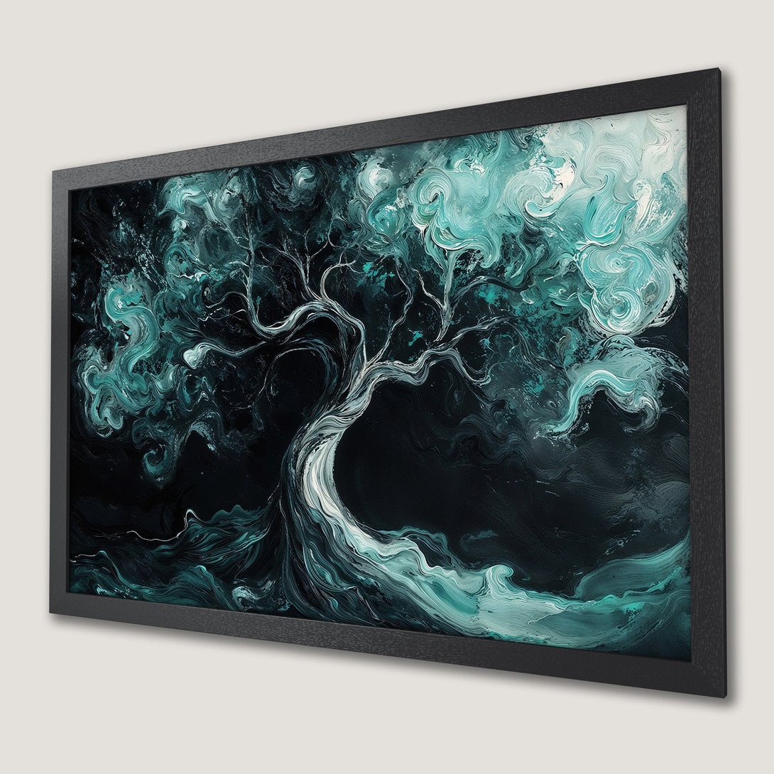Framed Poster featuring an abstract tree art print in teal and black, perfect wall decor.