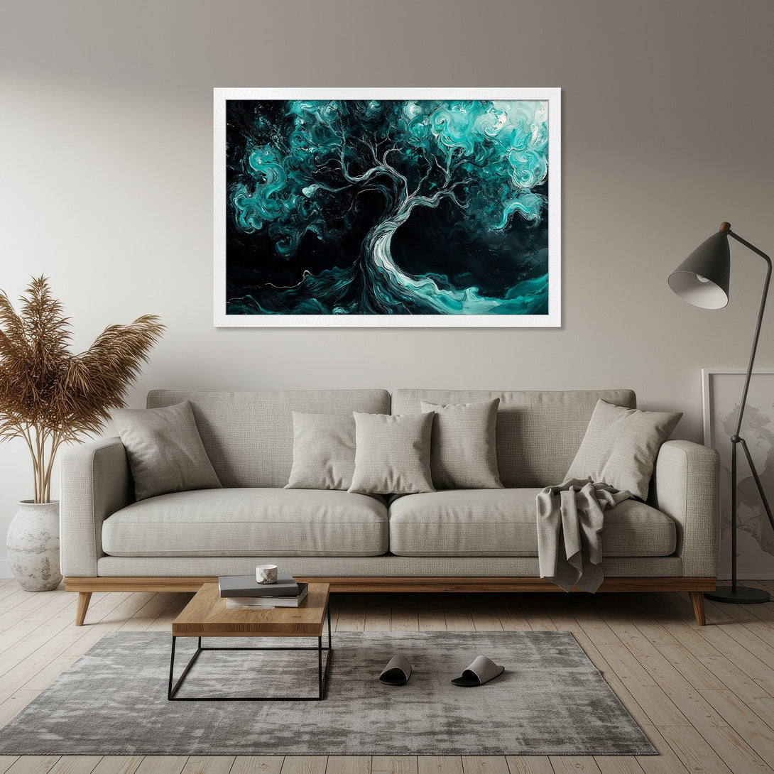 Framed Poster of a teal and black abstract tree art print. Modern style, calming color palette for home decor.