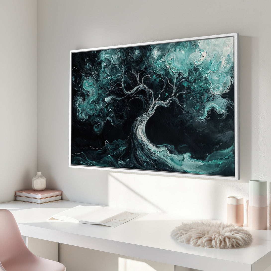 Framed Wall Art featuring an abstract tree painting in teal and black. Modern art decor with a calming, nature-inspired aesthetic.