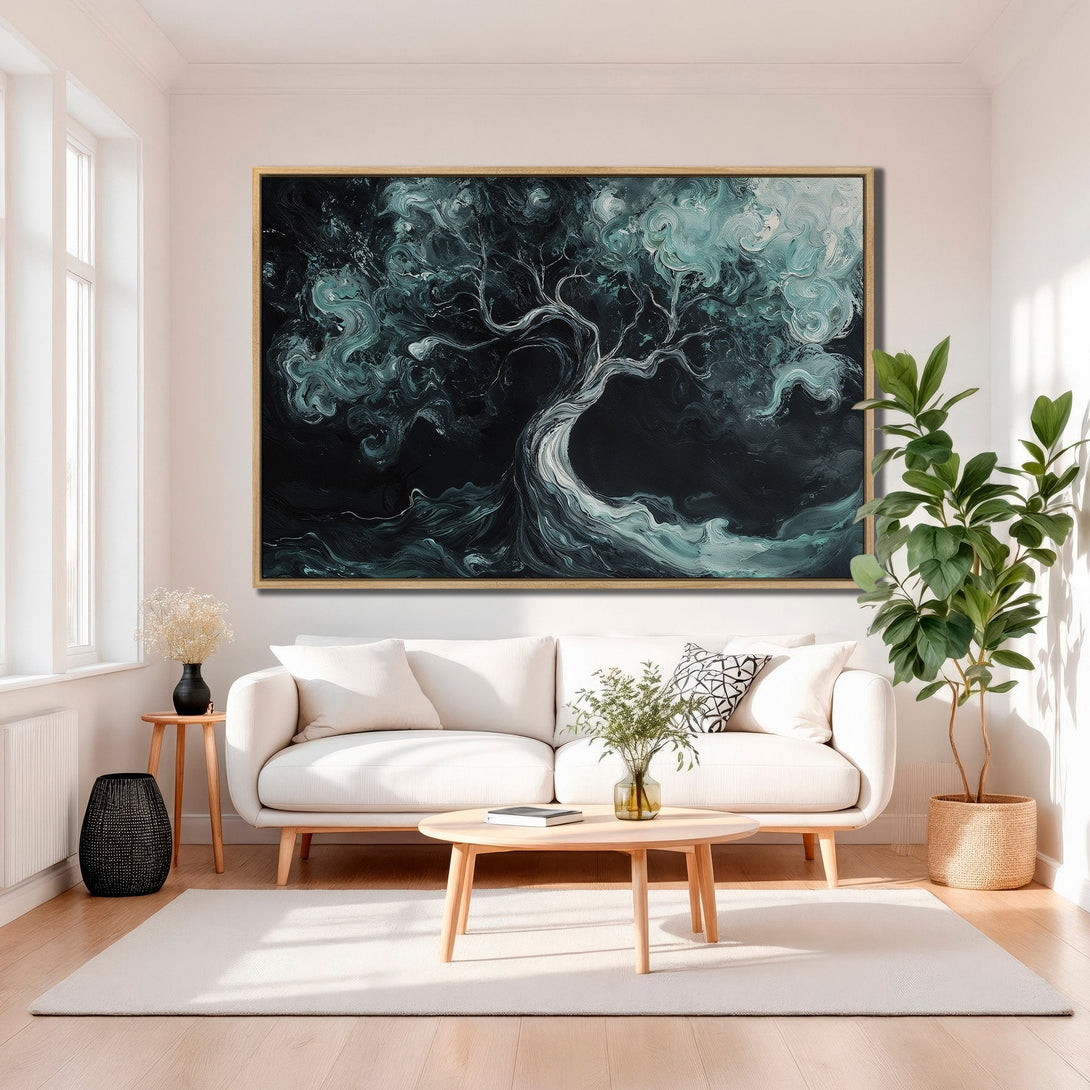 Framed Wall Art: Abstract tree art in teal and black. Modern canvas print adds a touch of nature and elegance to any living room.