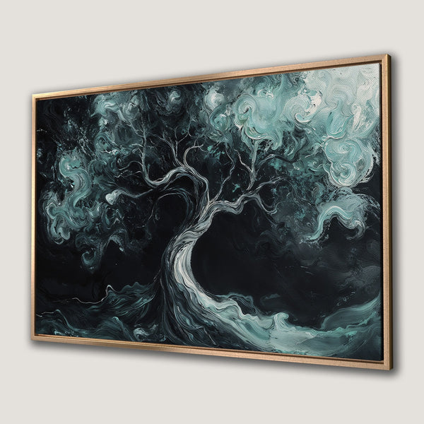 Framed Wall Art featuring an abstract tree in teal and black. Modern, expressive painting on canvas, perfect for adding a touch of nature-inspired art to your home.