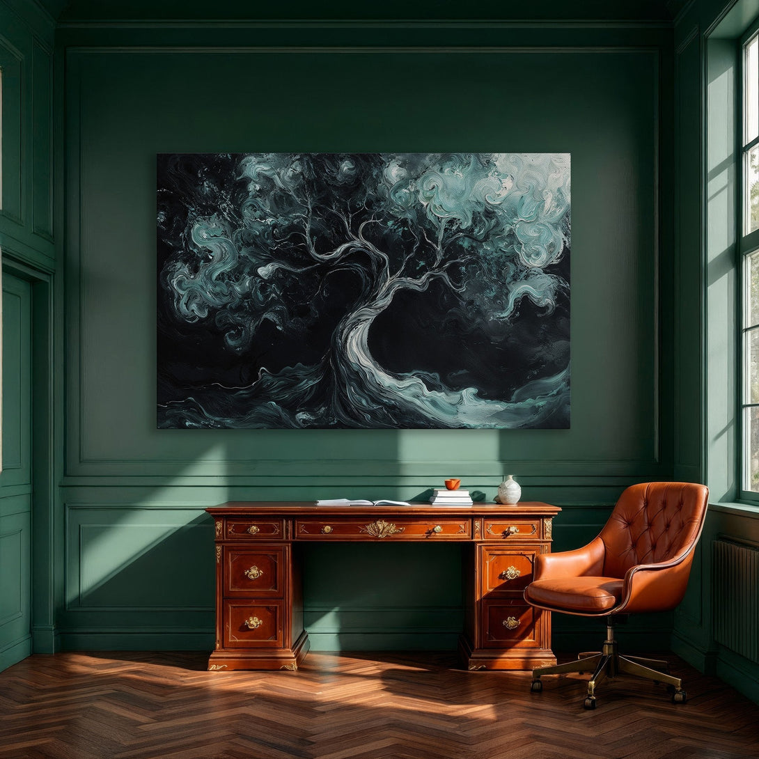Framed Wall Art featuring an abstract tree in teal and black. Modern canvas print adds elegance to any dining room.
