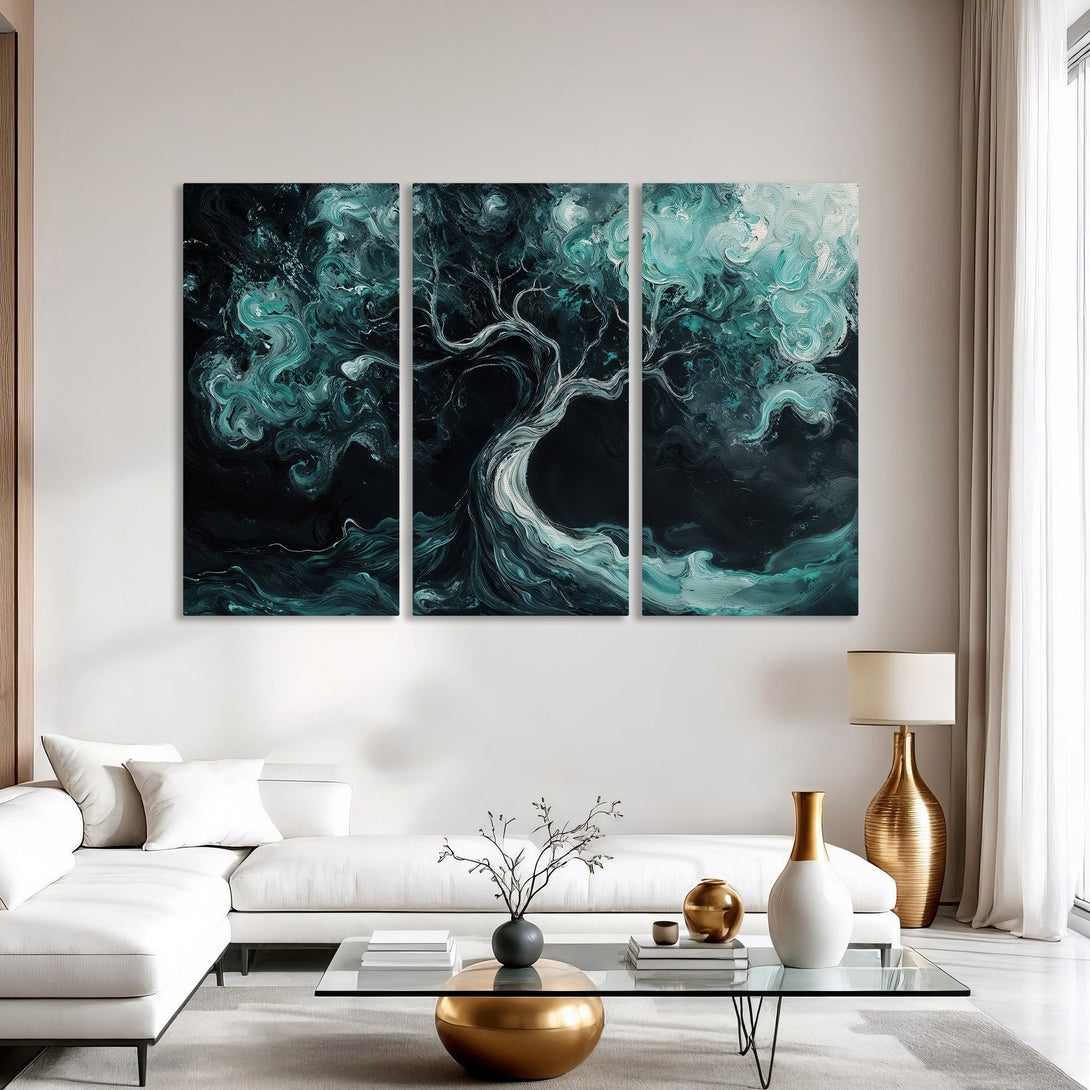 Abstract Canvas Print of a tree in teal and black, displayed in a modern living room. Enhance your space with this unique wall art.
