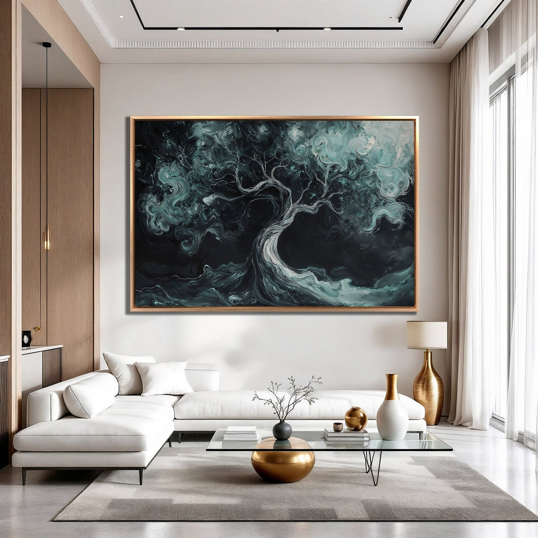 Framed Wall Art featuring an abstract tree in teal and black, displayed in a modern living room. Enhance your space with this stylish Canvas Print!