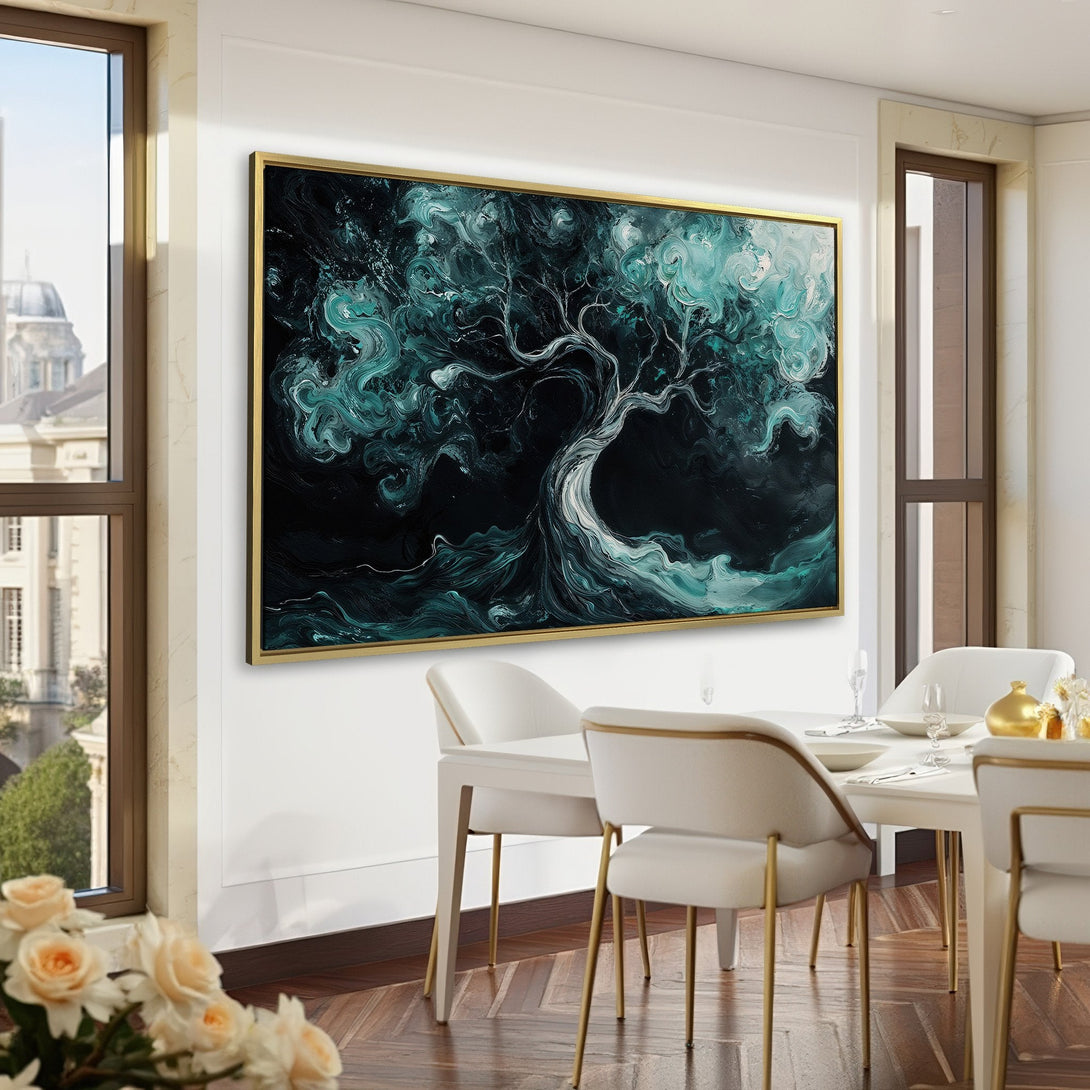 Abstract Canvas Print of a tree in teal and black, displayed in a stylish green room. Modern wall art for home decor.