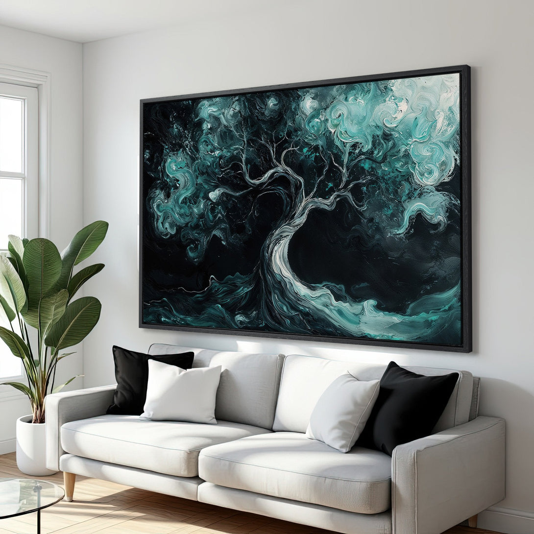 Framed Wall Art: Abstract tree art in teal and black. Modern canvas print adds a touch of elegance to any interior. Shop now for unique wall decor!