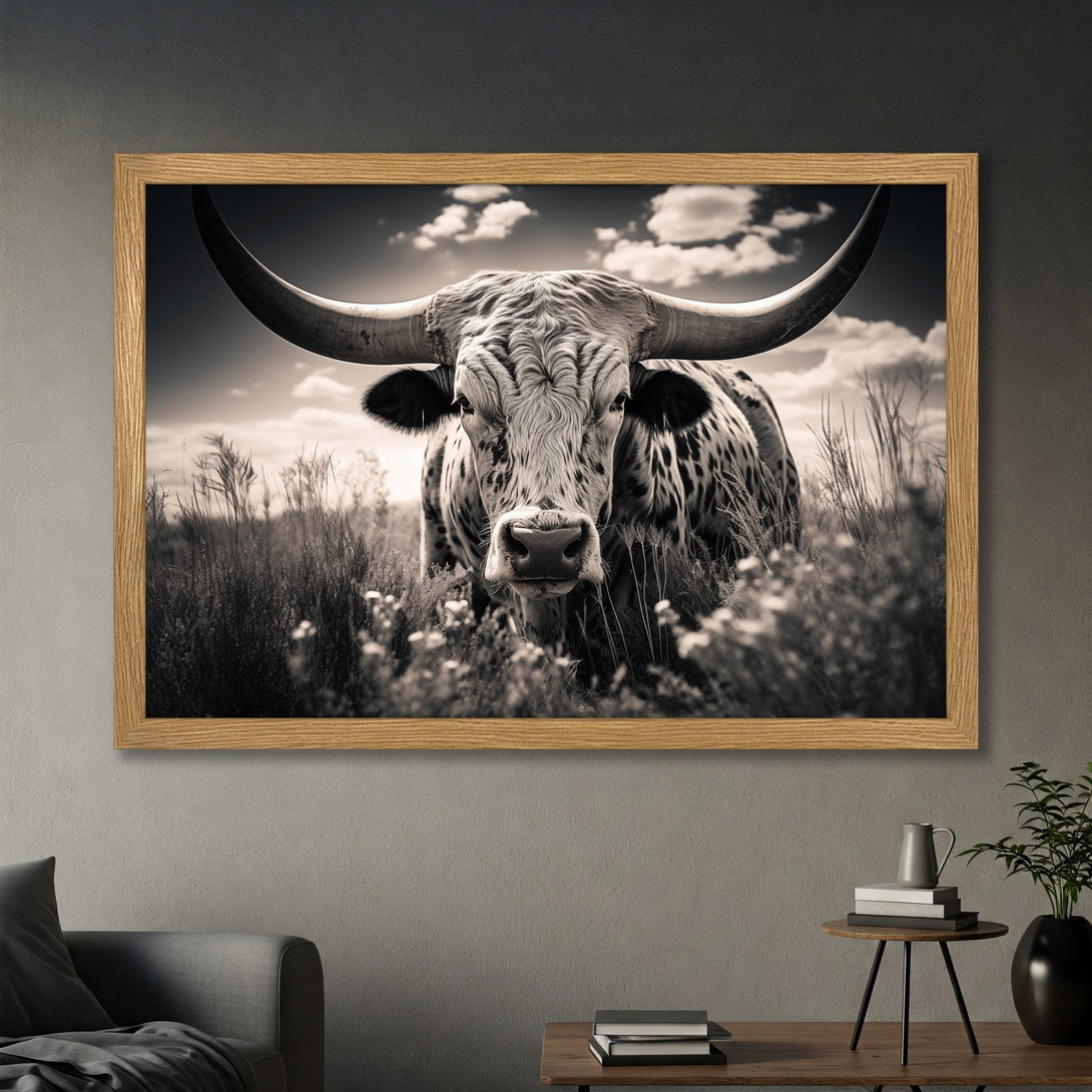 Framed Poster featuring a majestic longhorn bull in a black and white, rustic style. Perfect wall art for a farmhouse aesthetic.