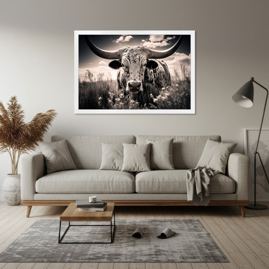 Framed Poster of a longhorn bull in sepia tones. Rustic wall art for farmhouse decor. Neutral color palette.