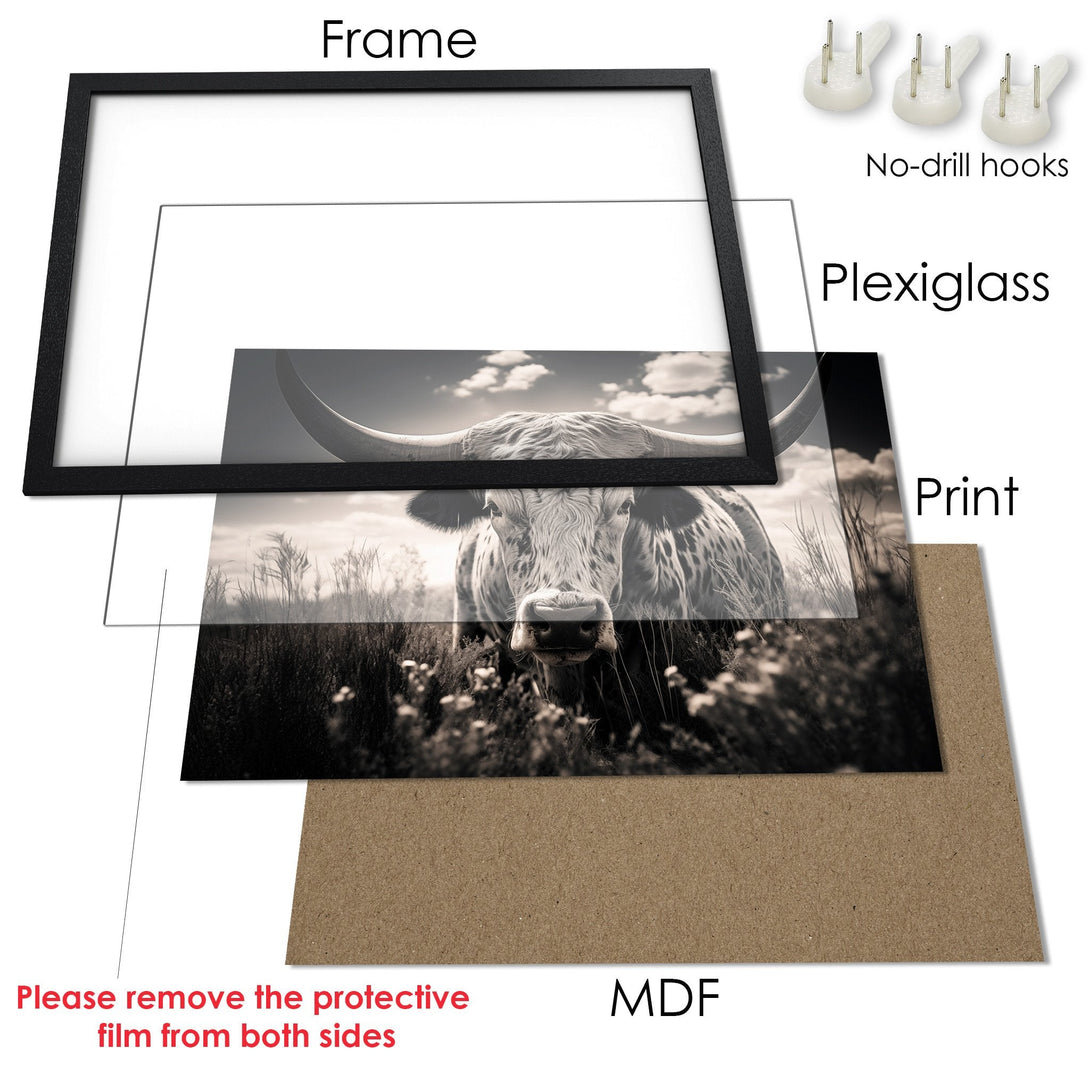 Framed Poster featuring a monochrome image of a longhorn bull. Rustic style with a neutral color palette, perfect for farmhouse decor.