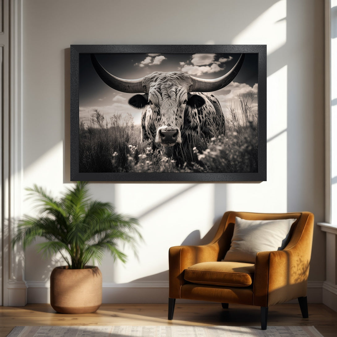 Framed Poster of a longhorn bull in monochrome. Rustic style art print, perfect for farmhouse decor. Black and white color palette.