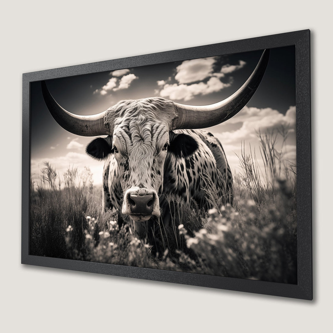 Framed Poster featuring a majestic Longhorn in a sepia-toned, rustic style. Perfect wall art for a farmhouse aesthetic.