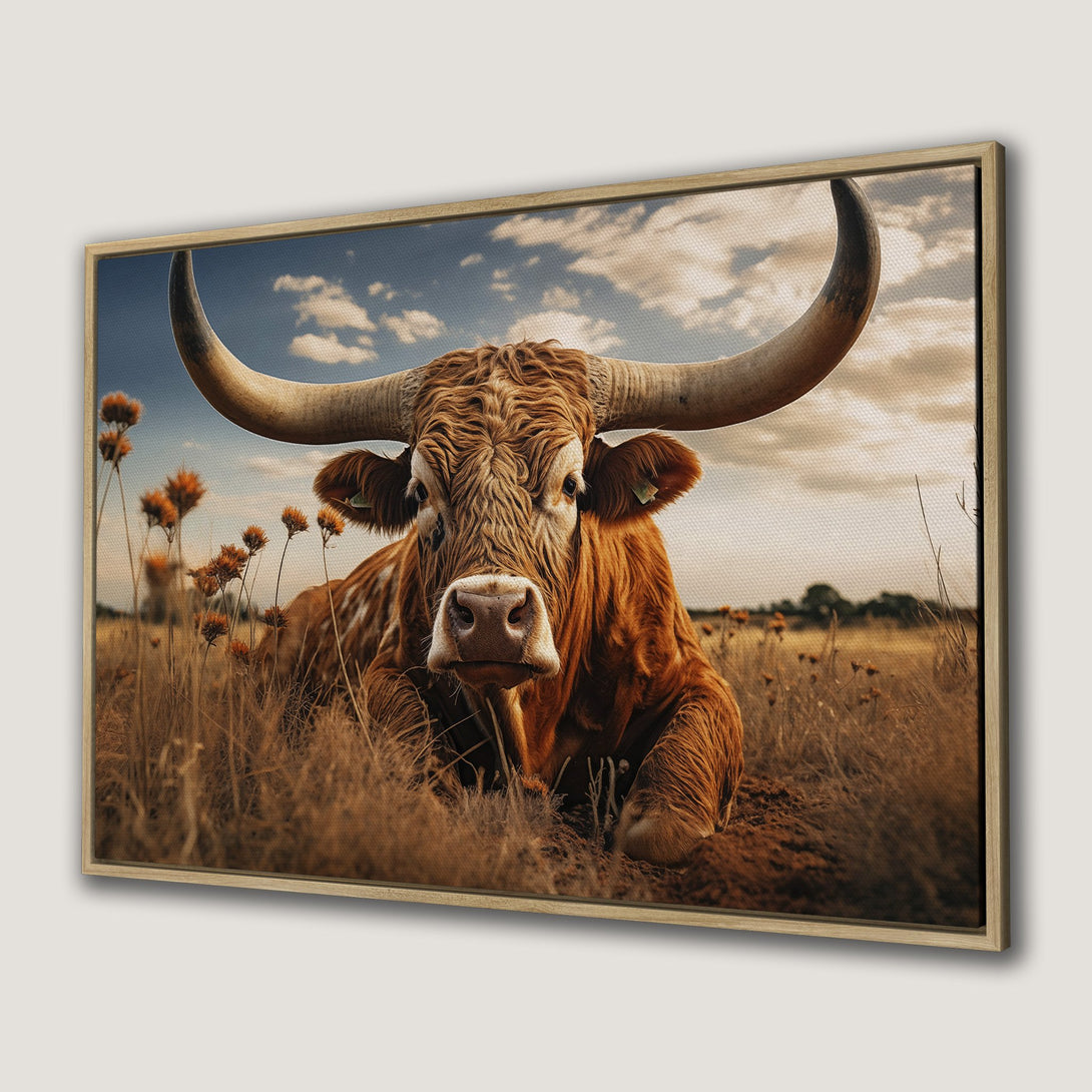 Framed Wall Art: Majestic longhorn bull in warm, earthy tones. Rustic canvas print perfect for adding a touch of the wild west to your home decor.