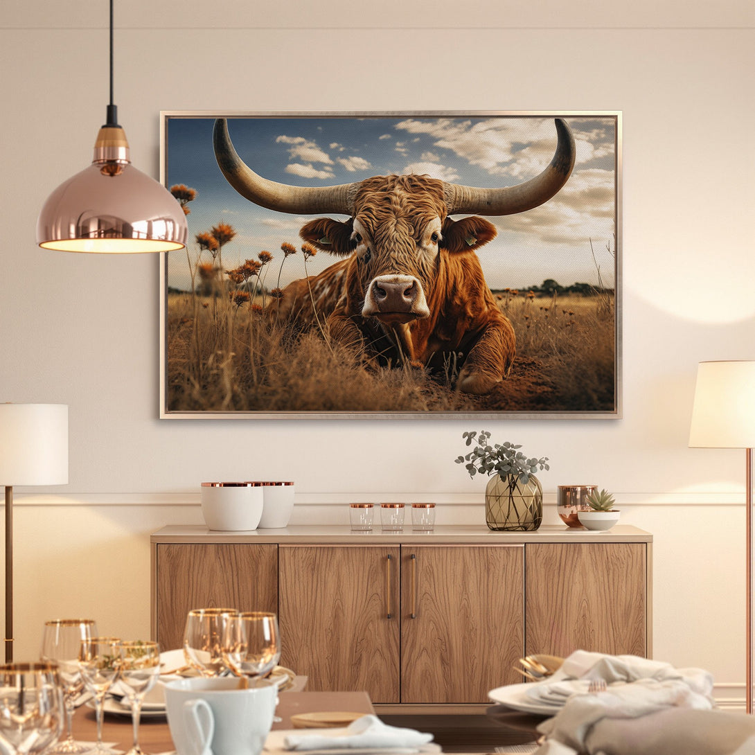 Framed Wall Art: Majestic longhorn canvas print in warm earth tones. Rustic decor for living room or dining. Enhance your space with this stunning artwork.
