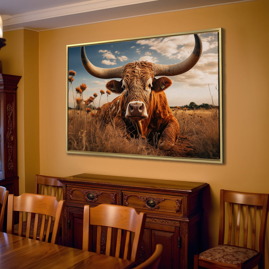 Canvas Print of a majestic longhorn bull in a field. Rustic style with warm brown and beige tones, perfect for farmhouse decor.