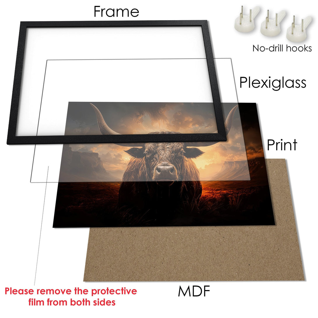 Framed Poster featuring a majestic bull in warm, sunset colors. Rustic style, perfect for home decor!