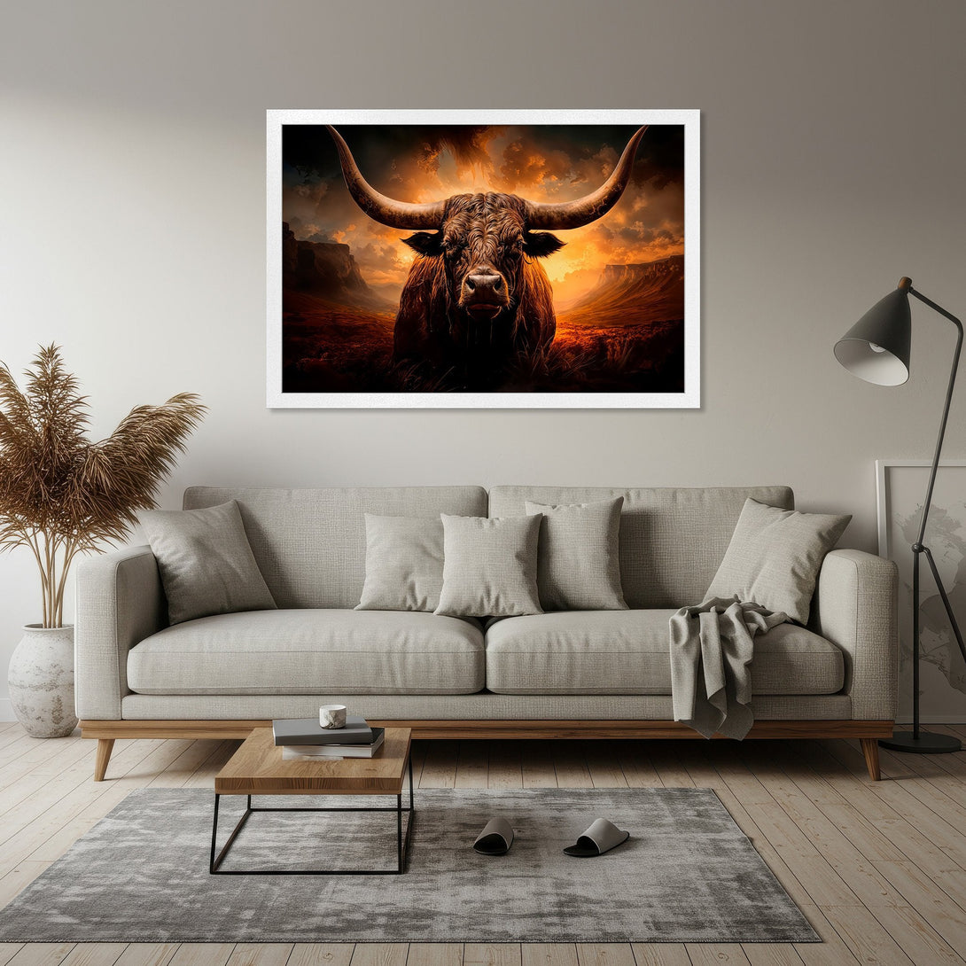 Framed Poster featuring a majestic bull with dramatic sunset background. Rustic style, warm orange & brown color palette for stunning wall art.