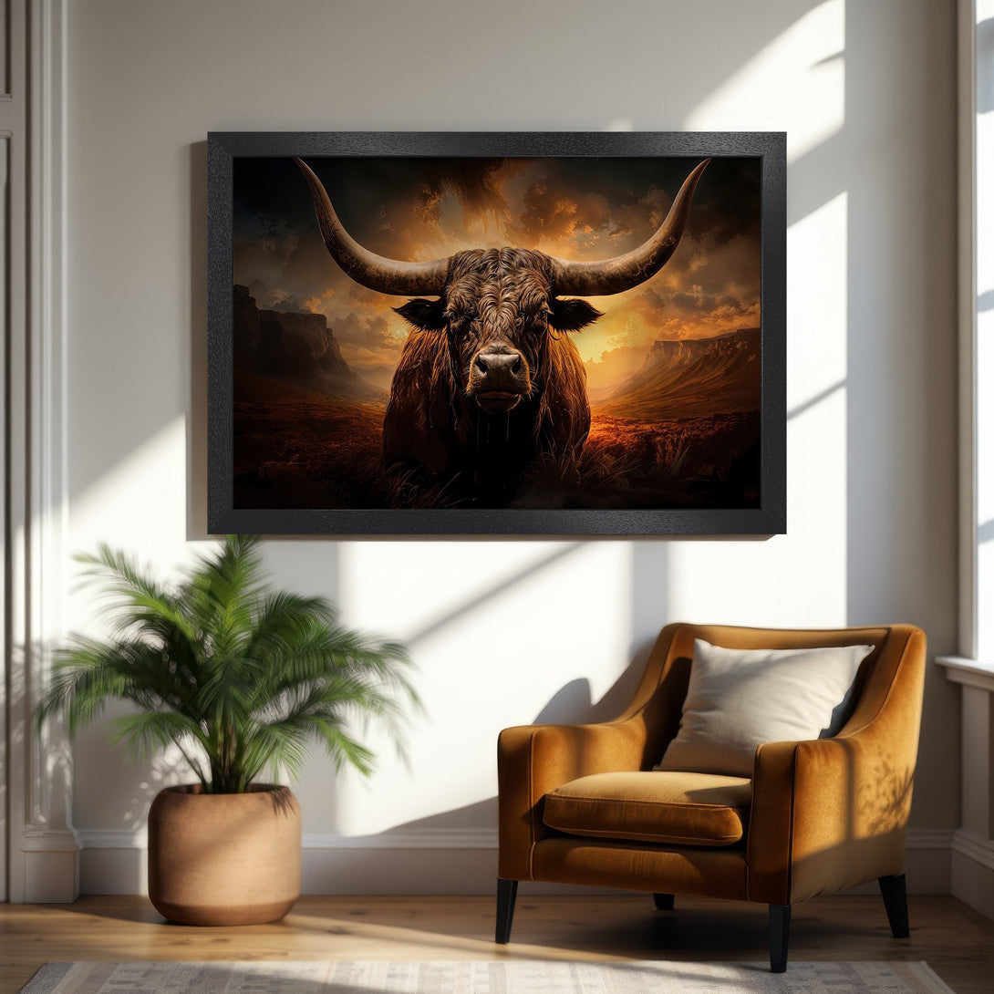 Framed Poster of a majestic bull in a dramatic landscape. Earthy tones and warm colors create a stunning art piece.