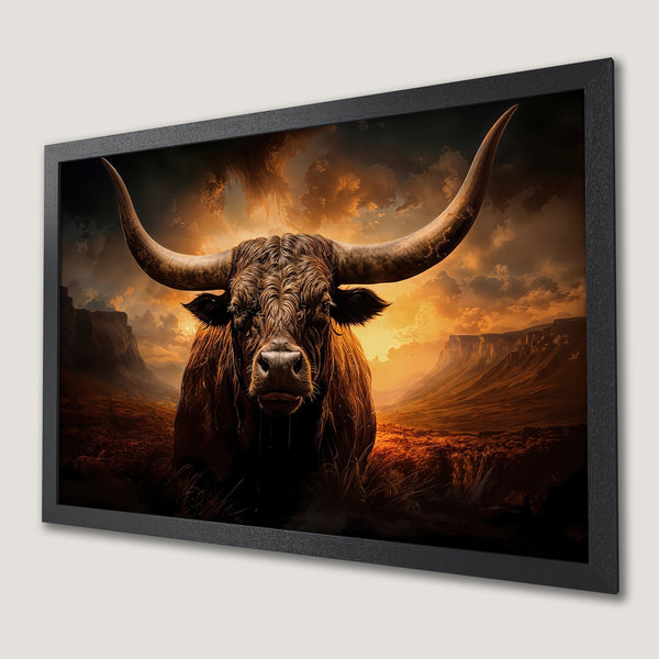 Framed Poster of a powerful bull in a dramatic landscape, featuring warm orange and brown tones. Perfect for rustic decor.