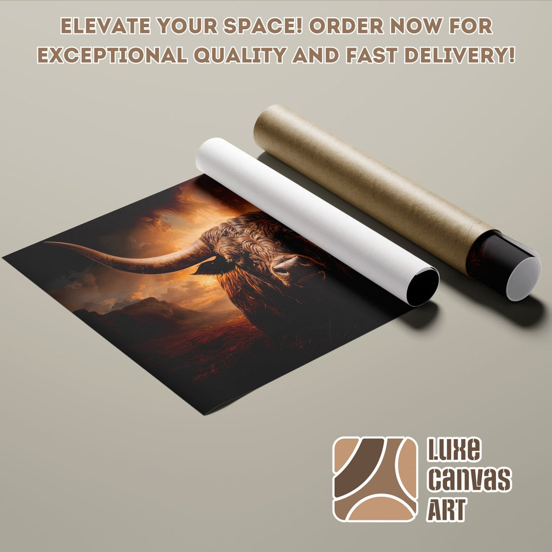 Poster Roll featuring a majestic bull in warm, sunset hues. Elevate your space with this stunning art!