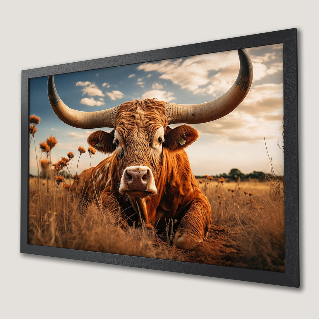 Framed Poster of a majestic longhorn bull in a field, warm earth tones and rustic style. Add a touch of the wild west!