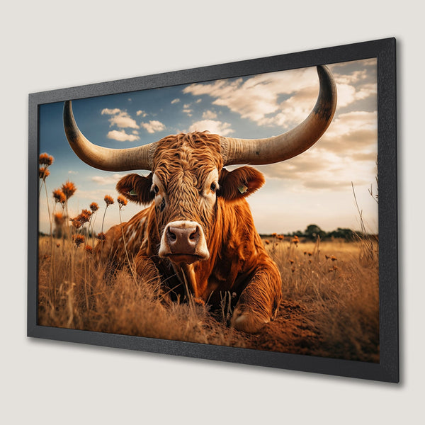 Framed Poster of a majestic longhorn bull in a field, warm earth tones and rustic style. Add a touch of the wild west!