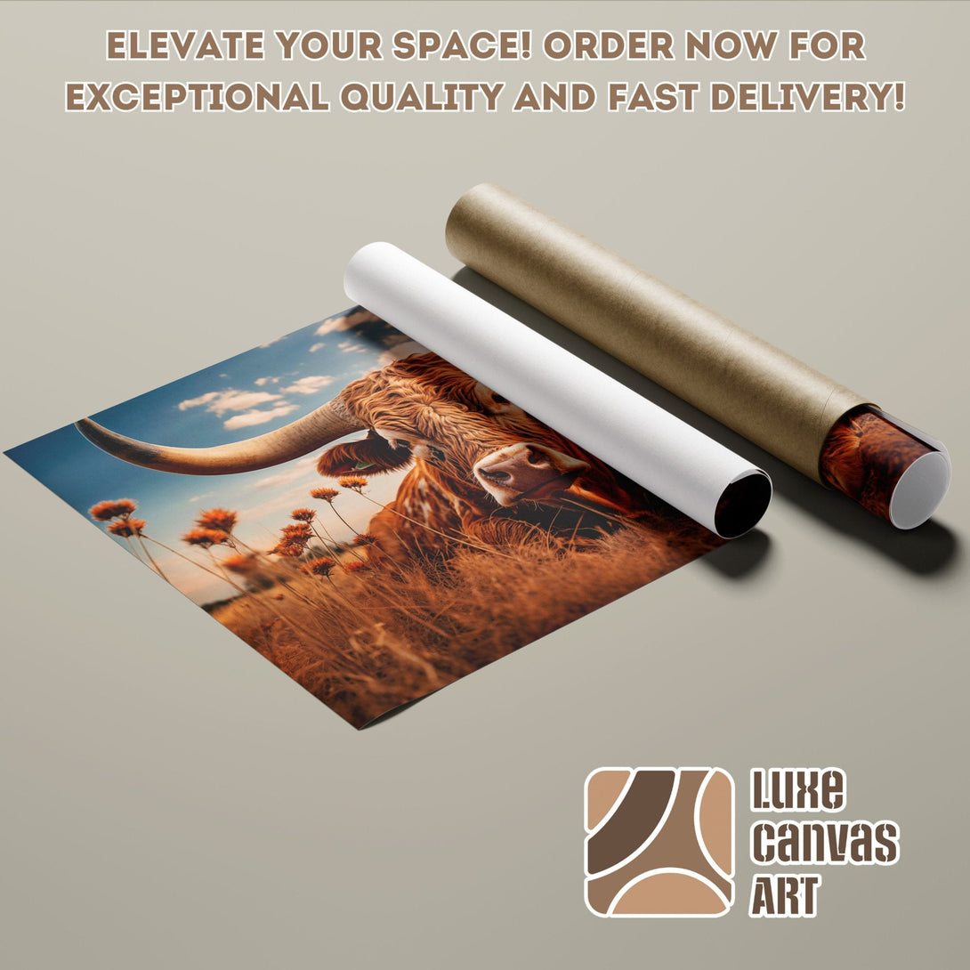 Poster Roll featuring a Highland cow in warm earth tones. Rustic art for your home.
