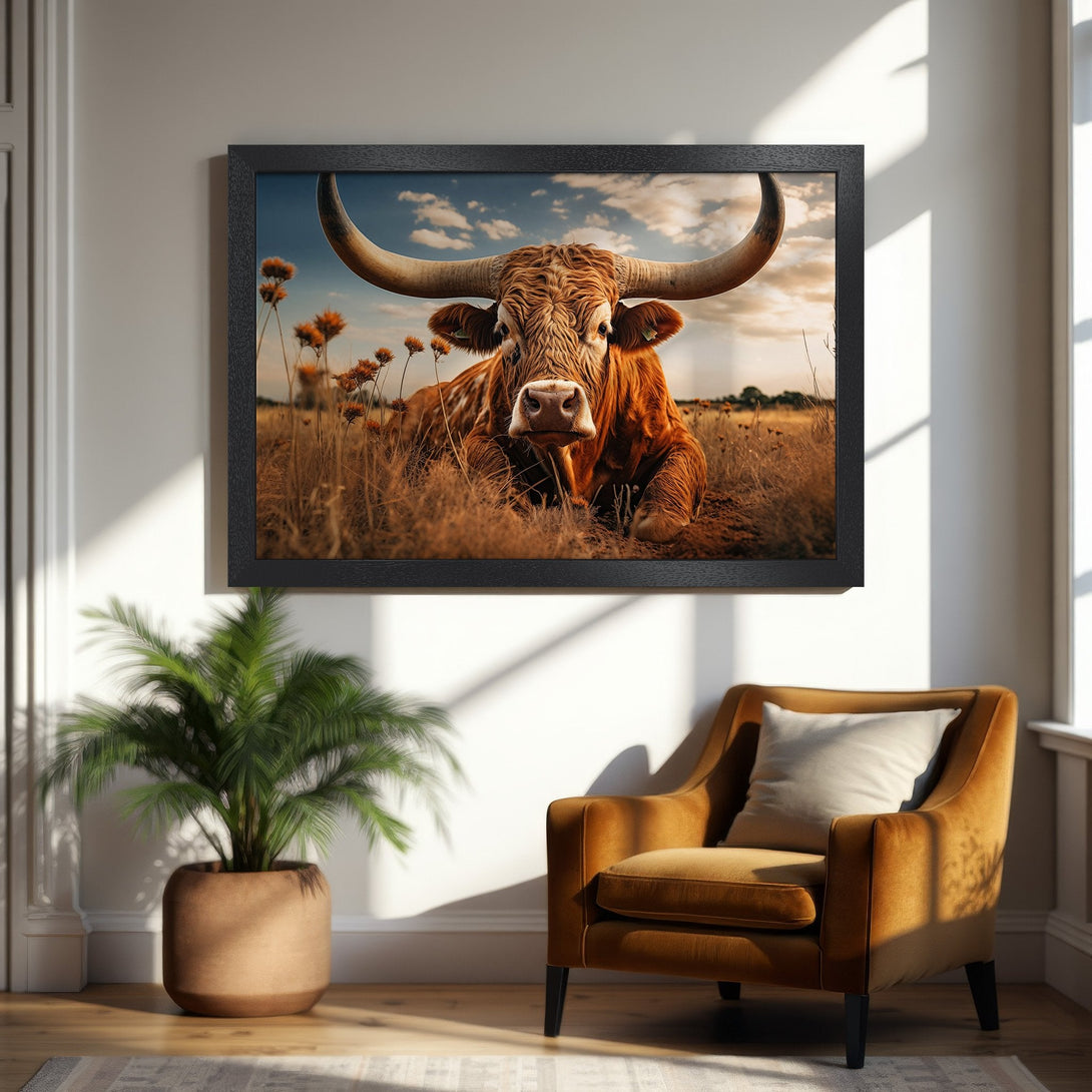 Framed Poster of a majestic longhorn bull in a field. Rustic style, warm earth tones and blue sky. Perfect wall art!