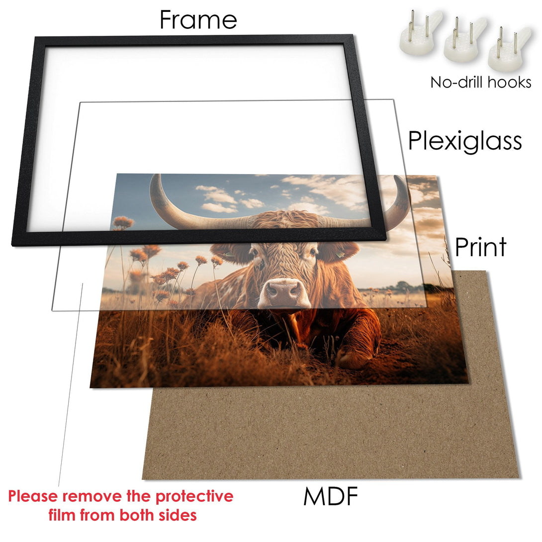 Framed Poster of a cow in a field, warm tones. Rustic style art print for home decor.
