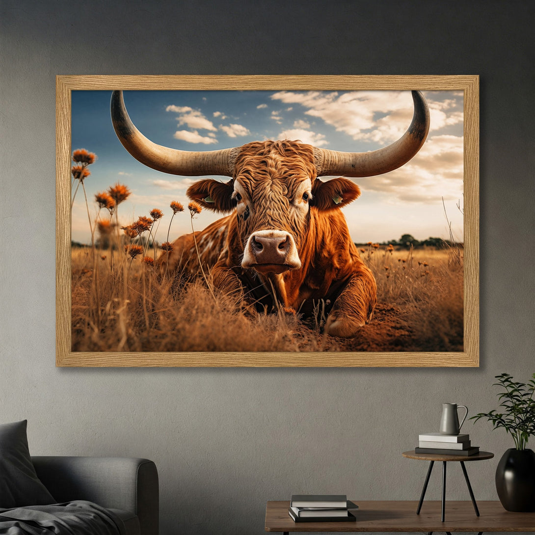 Framed Poster featuring a majestic longhorn bull in a field, warm color palette, rustic style. Add this art print to your home!