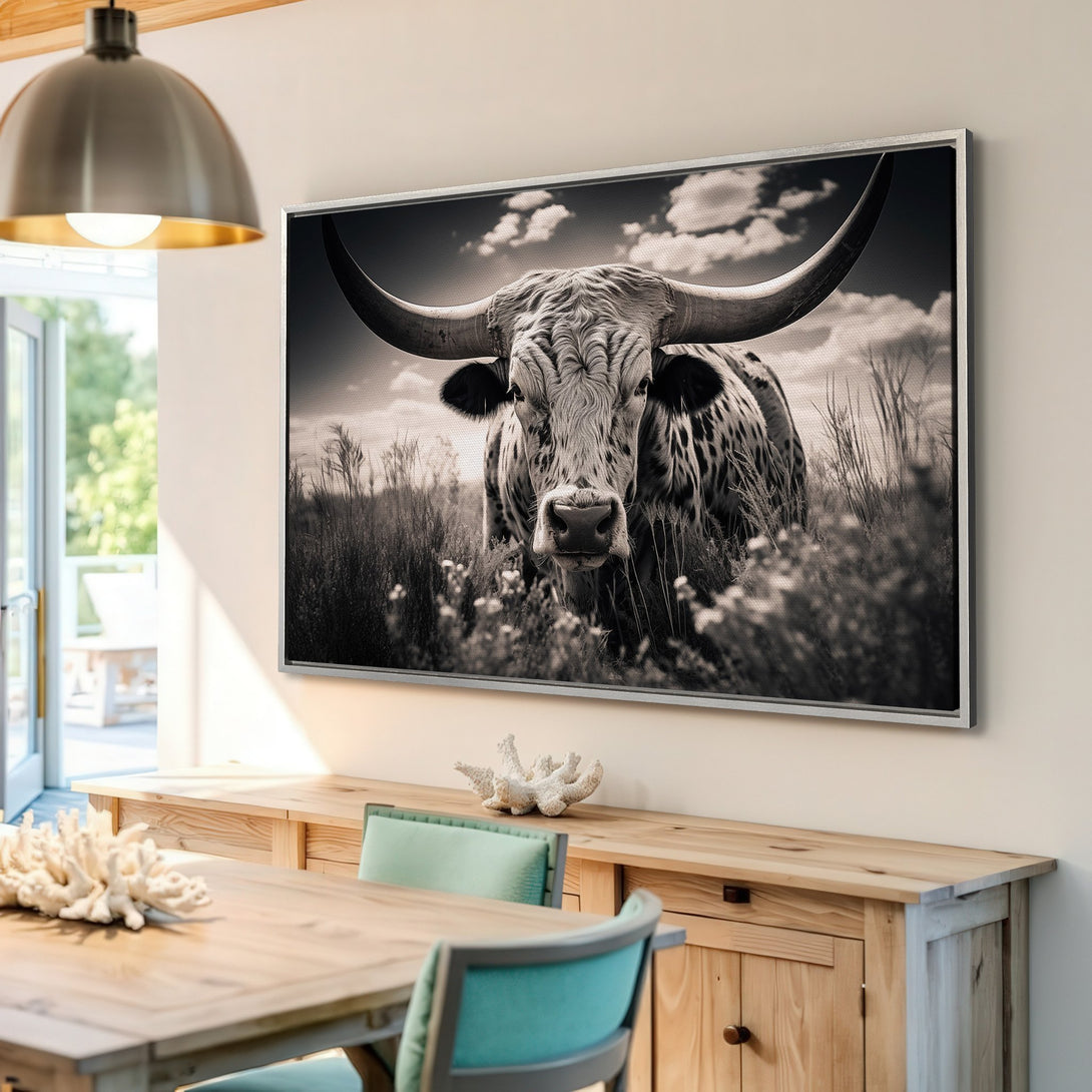 Framed Wall Art featuring a majestic longhorn in black and white. Rustic style canvas print perfect for farmhouse decor.