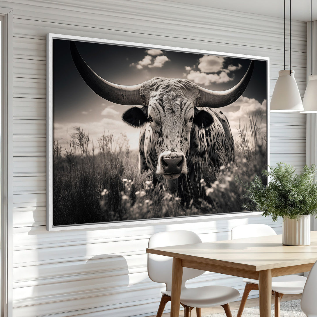 Framed Wall Art: Stunning black and white Canvas Print of a longhorn bull. Rustic, elegant wall decor for your home. Shop now!
